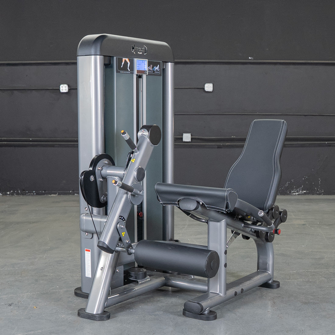 muscle d fitness commercial selectorized black and dark grey elite plus leg extension leg machine