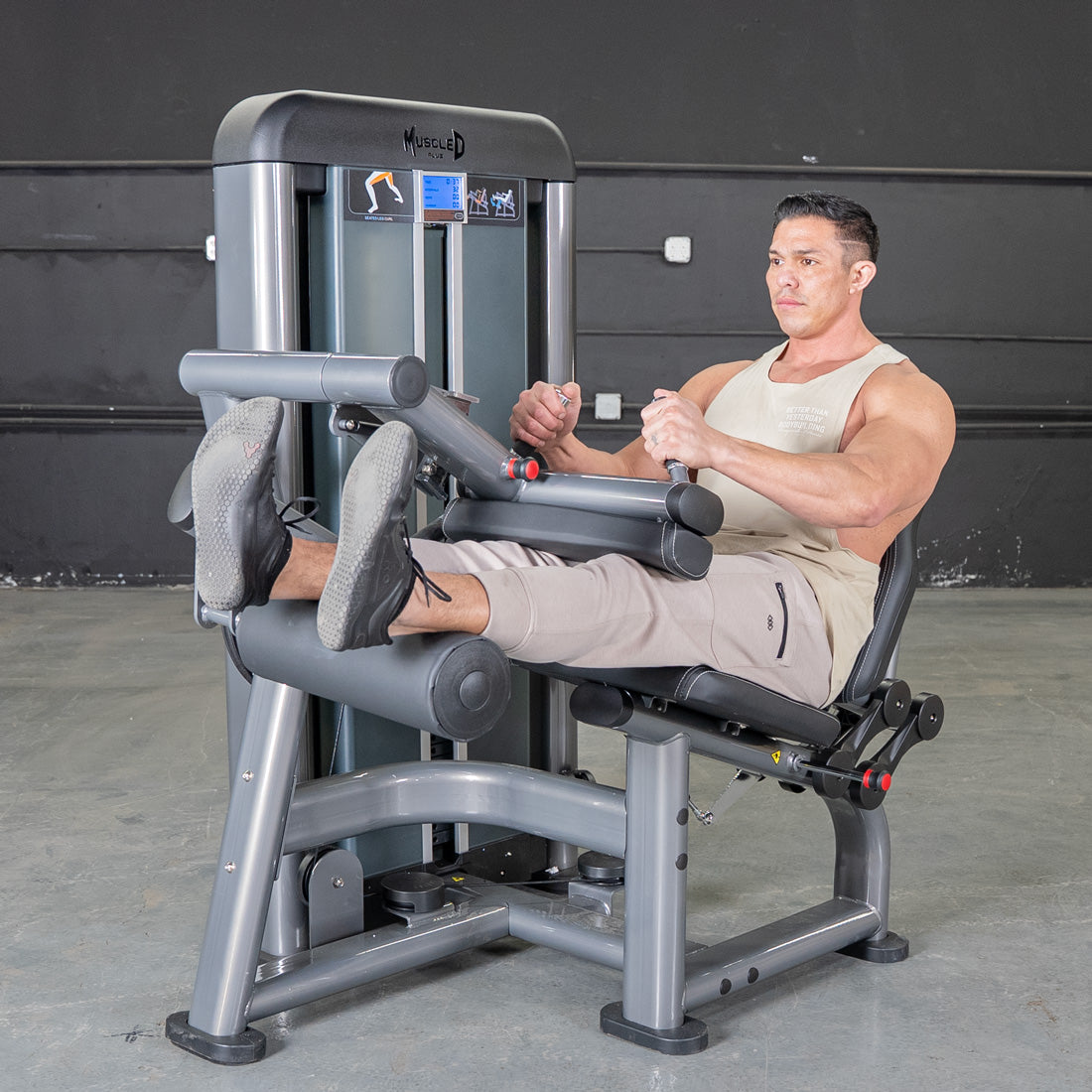 muscle d fitness commercial selectorized black and dark grey elite plus seated leg curl machine