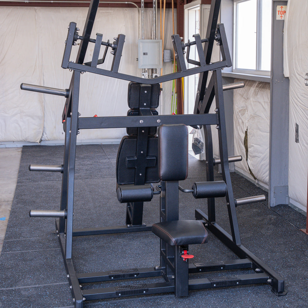 muscle d fitness commercial plate loaded excel leverage black chest and back combo machine back station