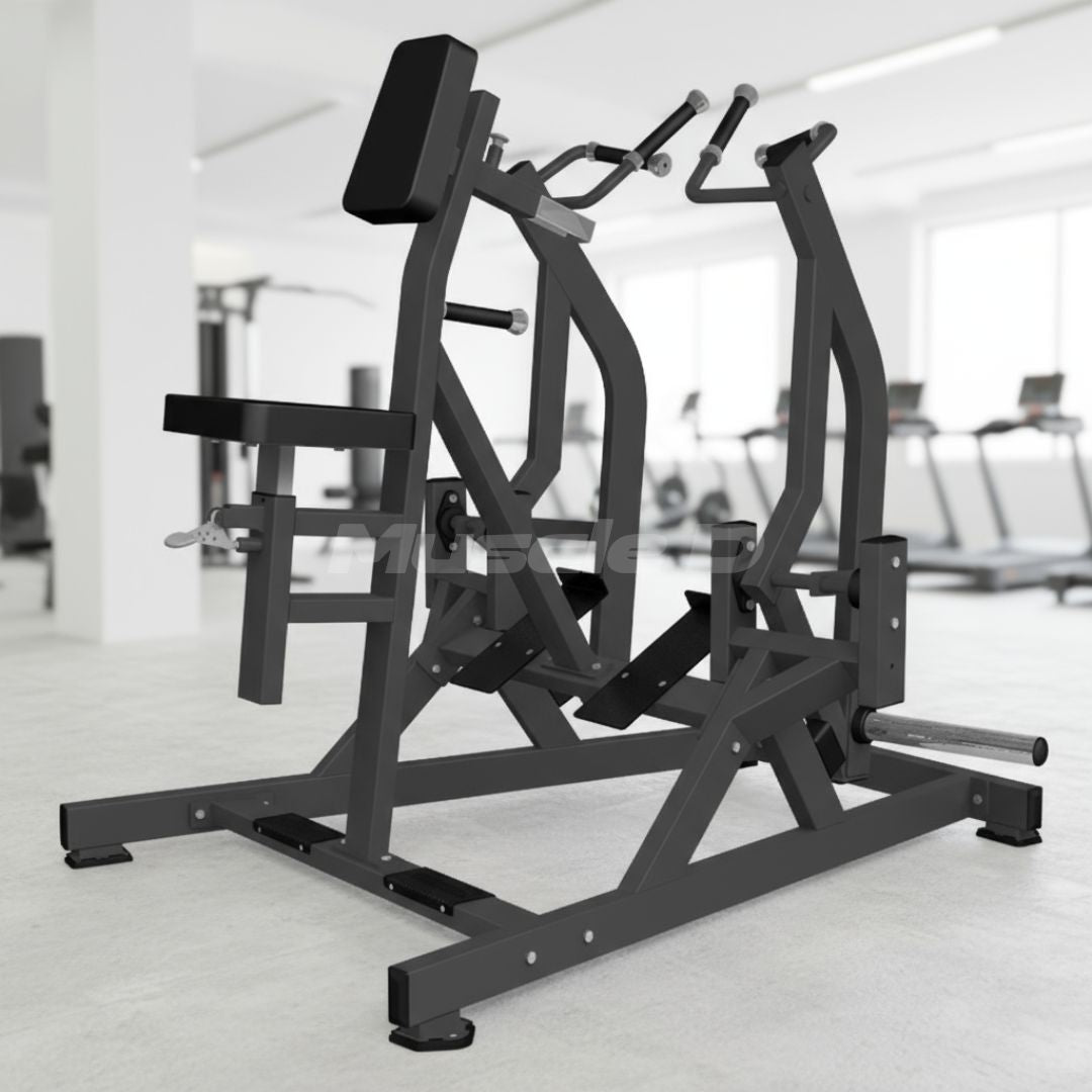 Black Excel Leverage Iso Lateral Seated Row machine in a fitness center with blurred background