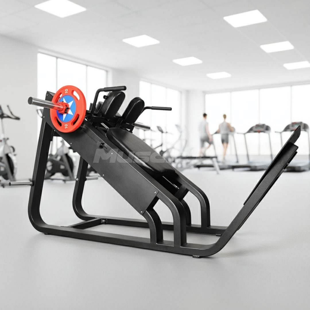 Excel Linear Hack Slide - Muscle D Fitness - Plate Load Hack Squat - Weight Storage Pegs - Safety Catch