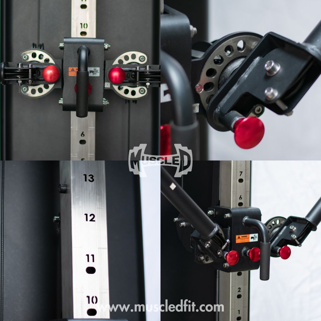 black dual adjustable functional trainer with two hundred pound weight stack detail