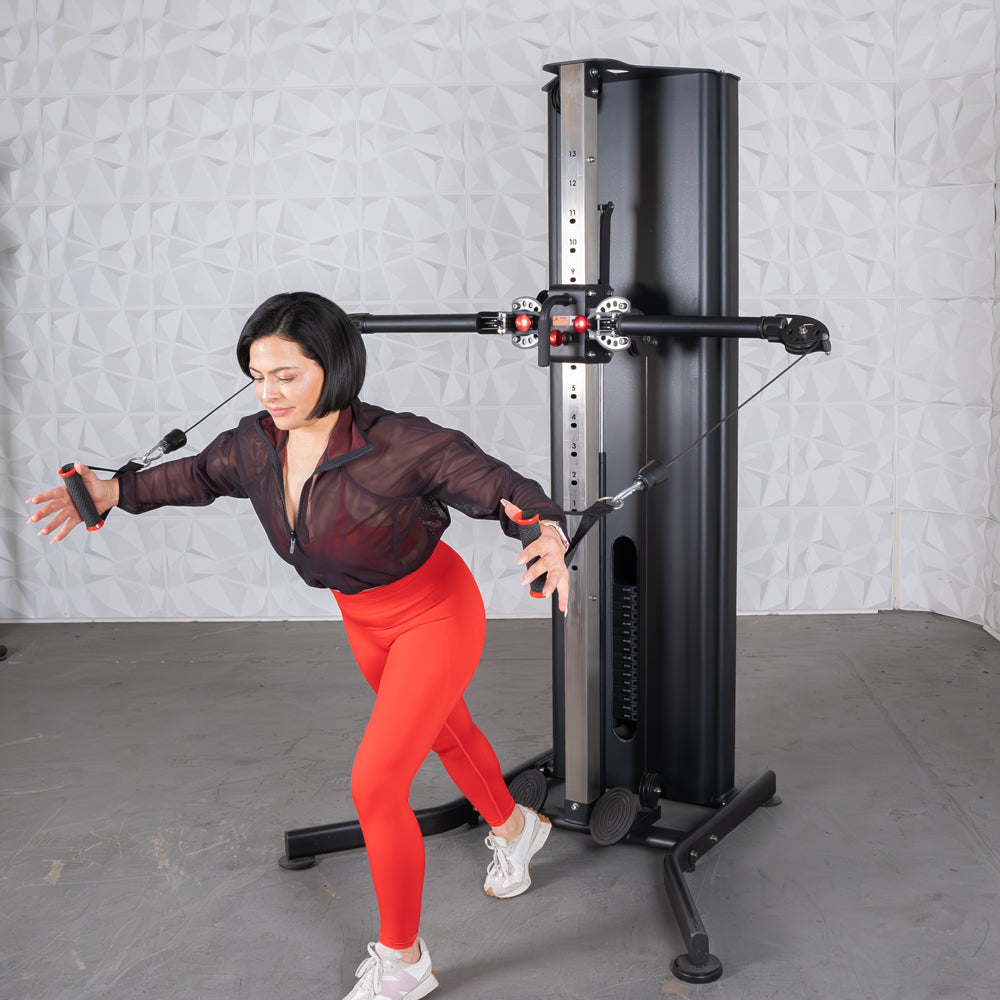 black dual adjustable functional trainer with two hundred pound weight stack
