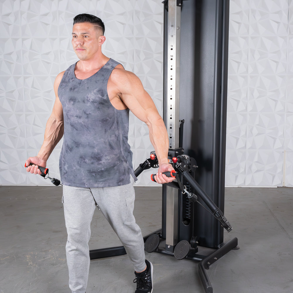 black dual adjustable functional trainer with two hundred pound weight stack