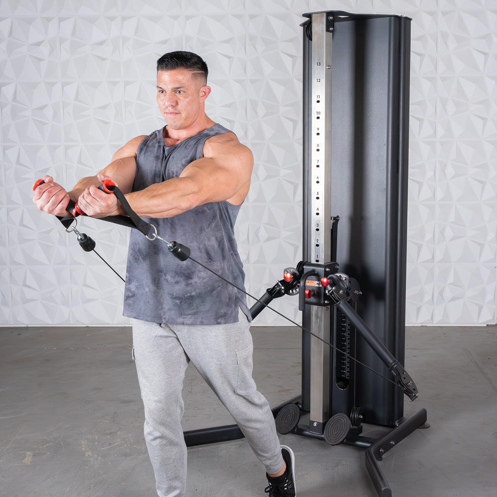 black dual adjustable functional trainer with two hundred pound weight stack