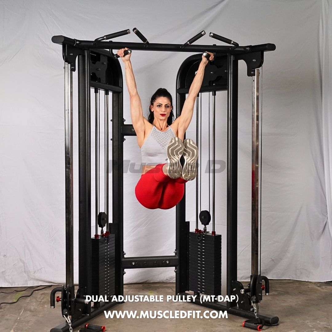Woman using a dual adjustable pulley machine with 'Muscle D Fit' branding.