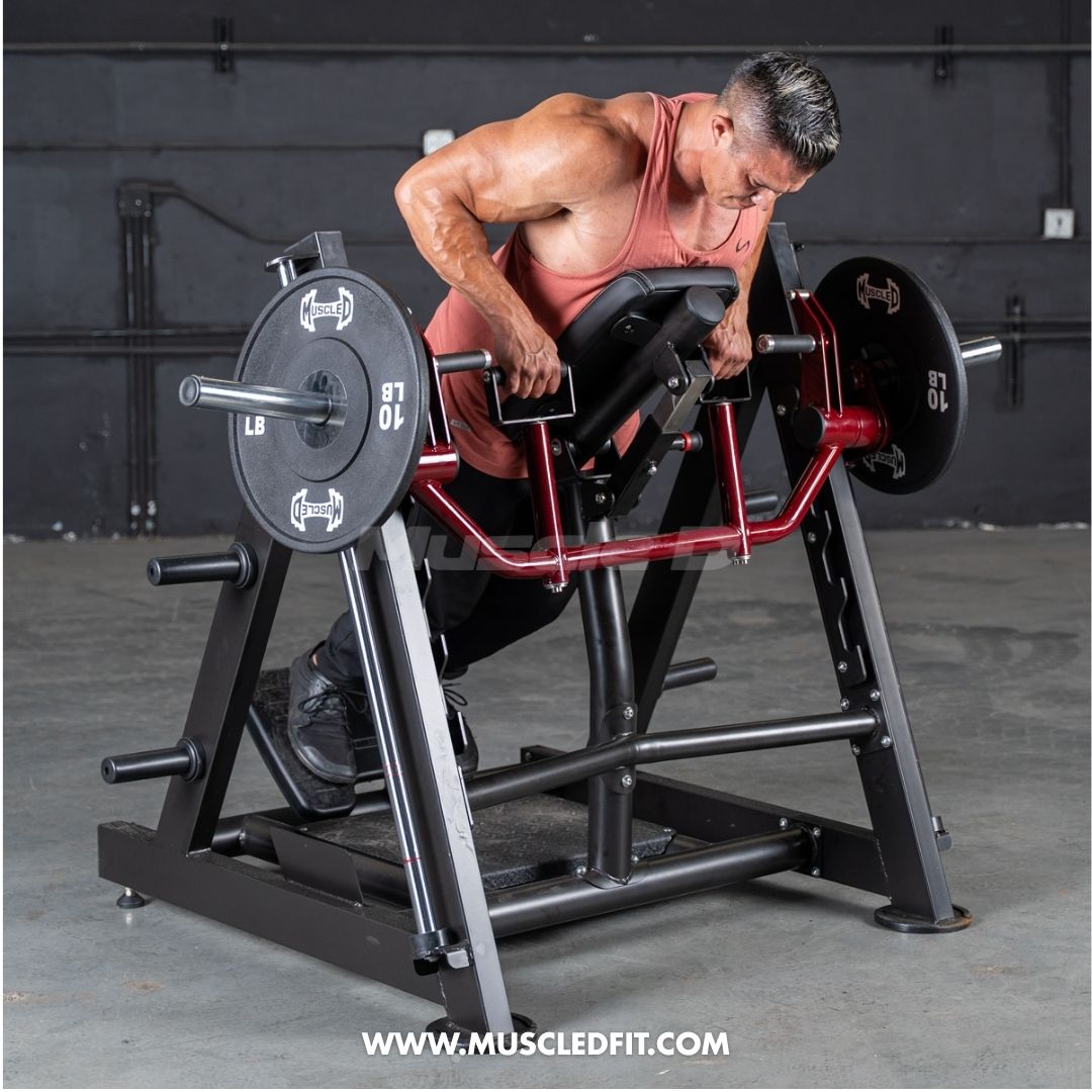 Man exercising on a Power Leverag V2 Chest Supported Linear Bearing Row machine in a gym setting by Muscle D
