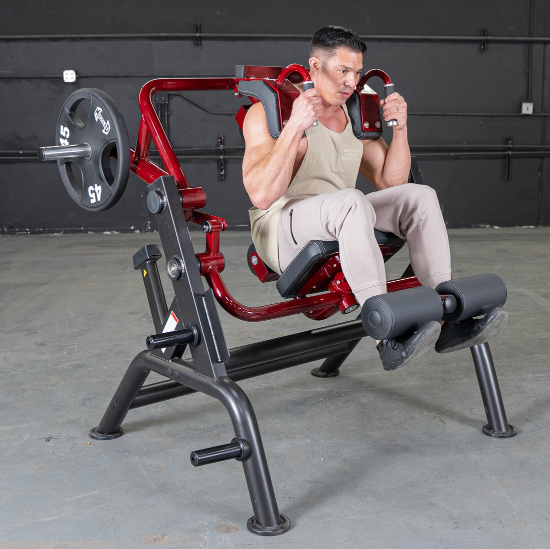 muscle d fitness commercial plate loaded black and maroon handle power leverage v2 ab crunch machine