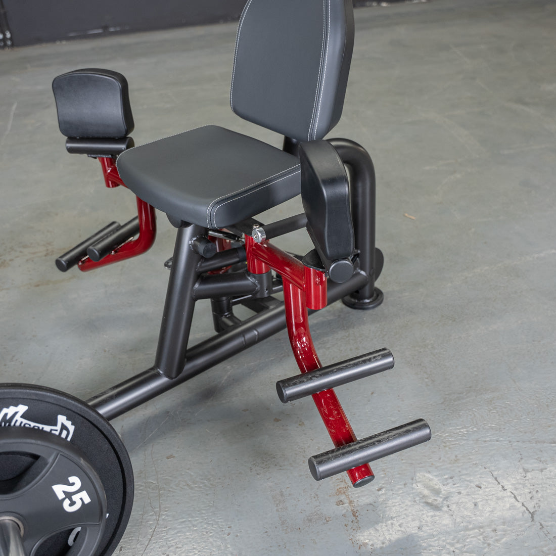 muscle d fitness commercial plate loaded black and maroon handle power leverage v2 abductor/adductor machine detail