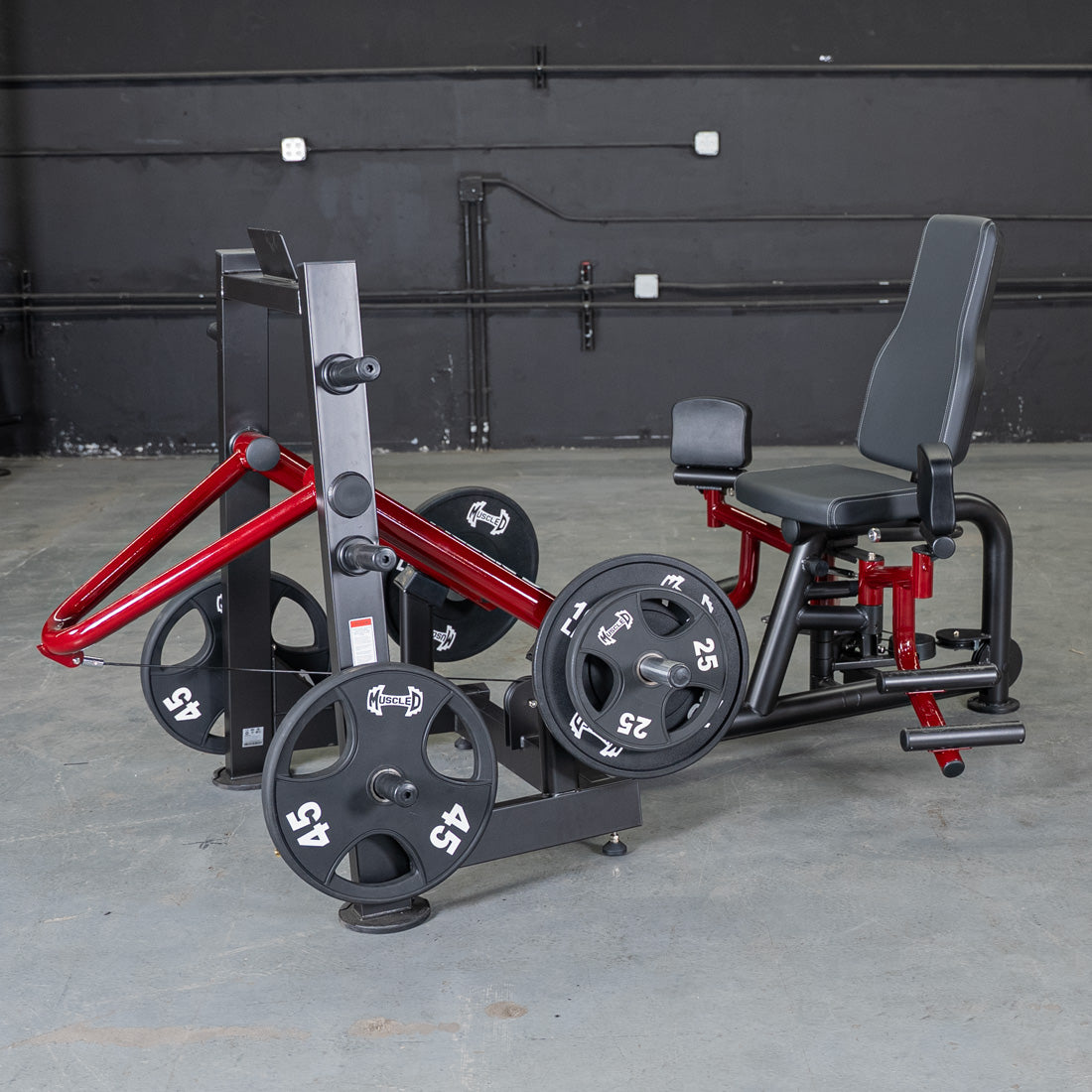 muscle d fitness commercial plate loaded black and maroon handle power leverage v2 abductor/adductor machine