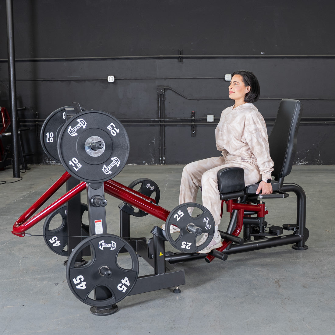 muscle d fitness commercial plate loaded black and maroon handle power leverage v2 abductor/adductor machine