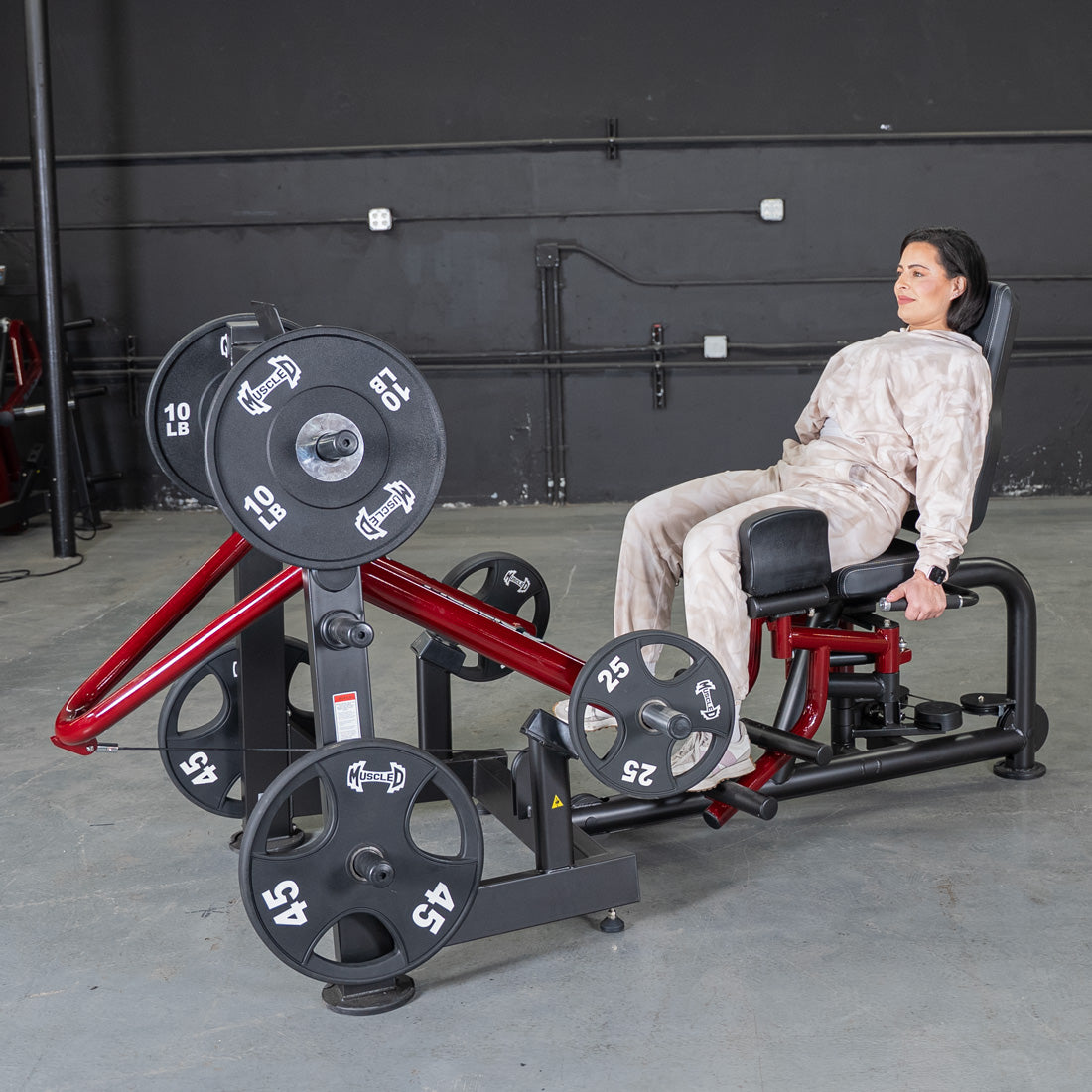 muscle d fitness commercial plate loaded black and maroon handle power leverage v2 abductor/adductor machine