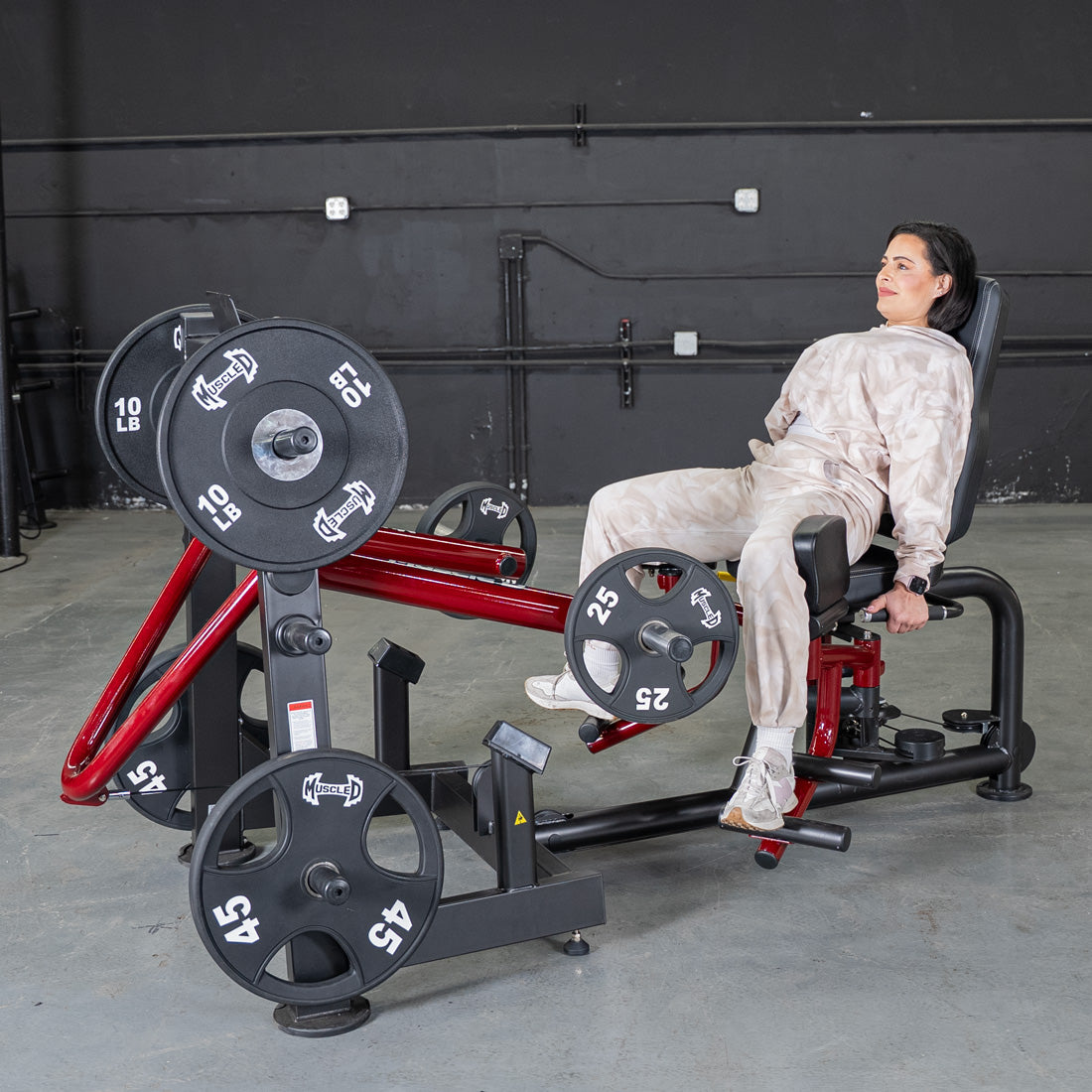 muscle d fitness commercial plate loaded black and maroon handle power leverage v2 abductor/adductor machine