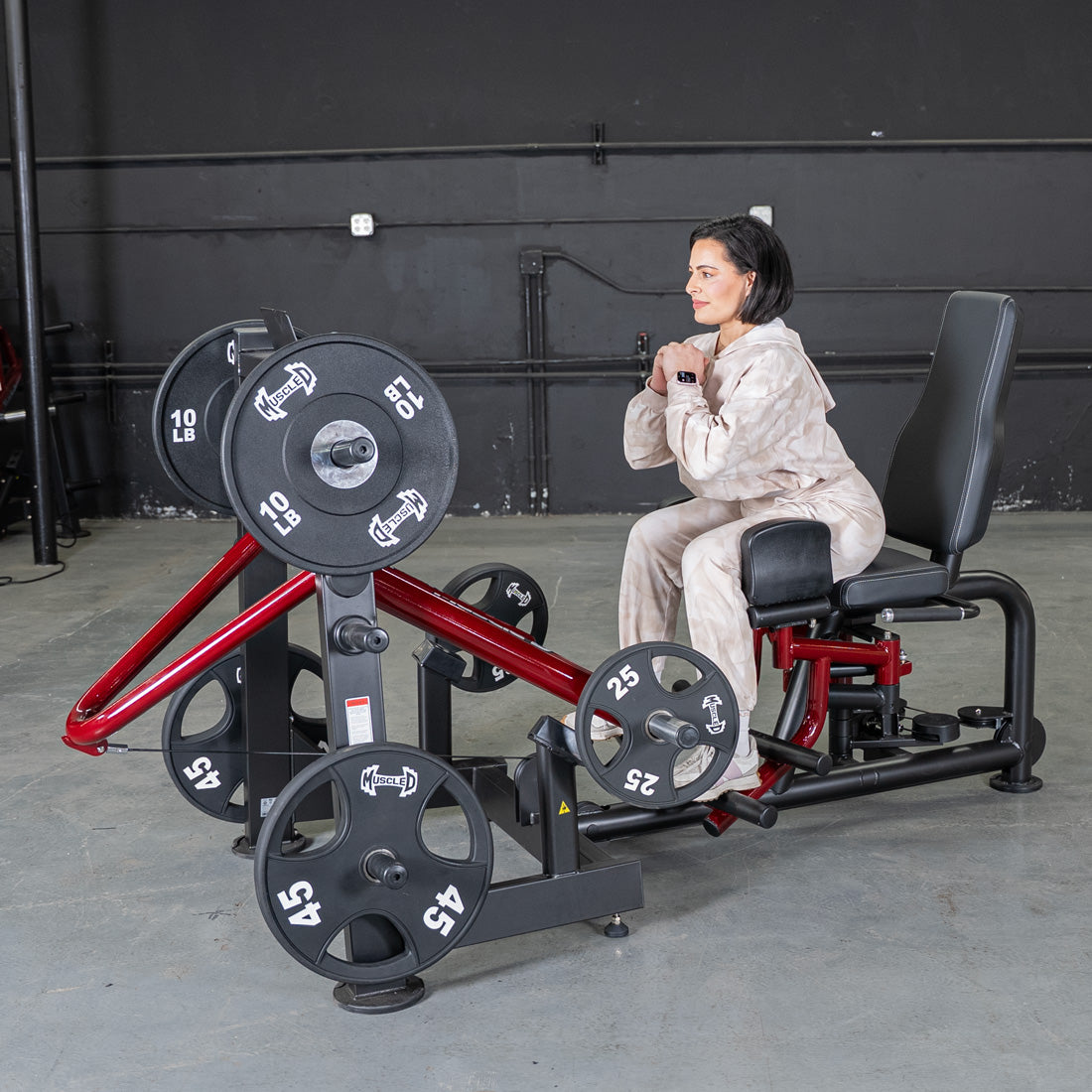 muscle d fitness commercial plate loaded black and maroon handle power leverage v2 abductor/adductor machine