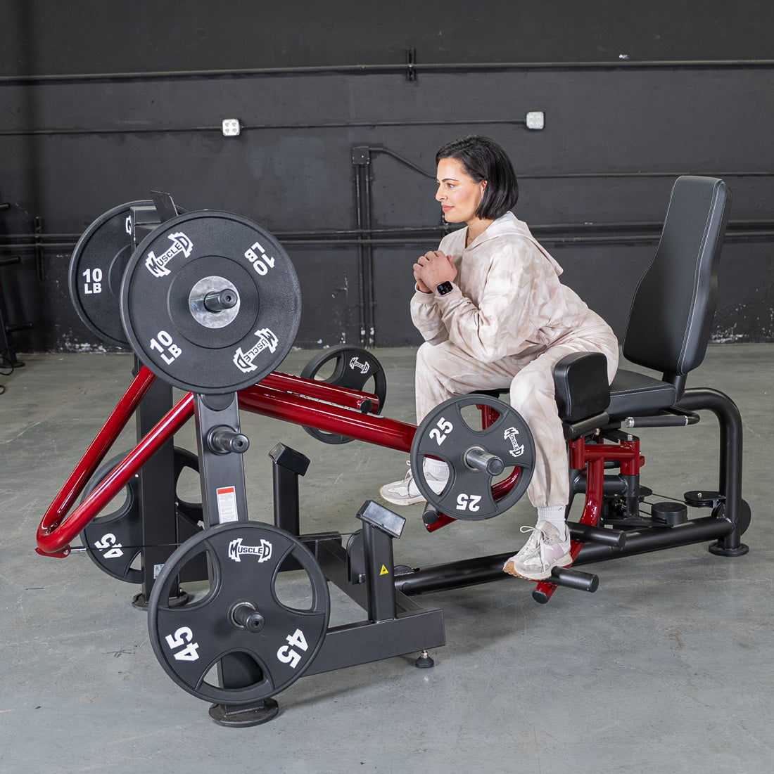 muscle d fitness commercial plate loaded black and maroon handle power leverage v2 abductor/adductor machine