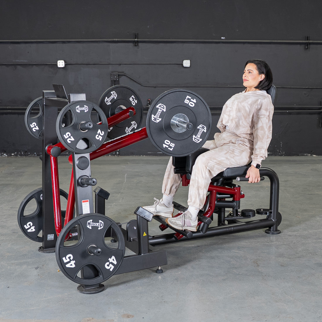 muscle d fitness commercial plate loaded black and maroon handle power leverage v2 abductor/adductor machine