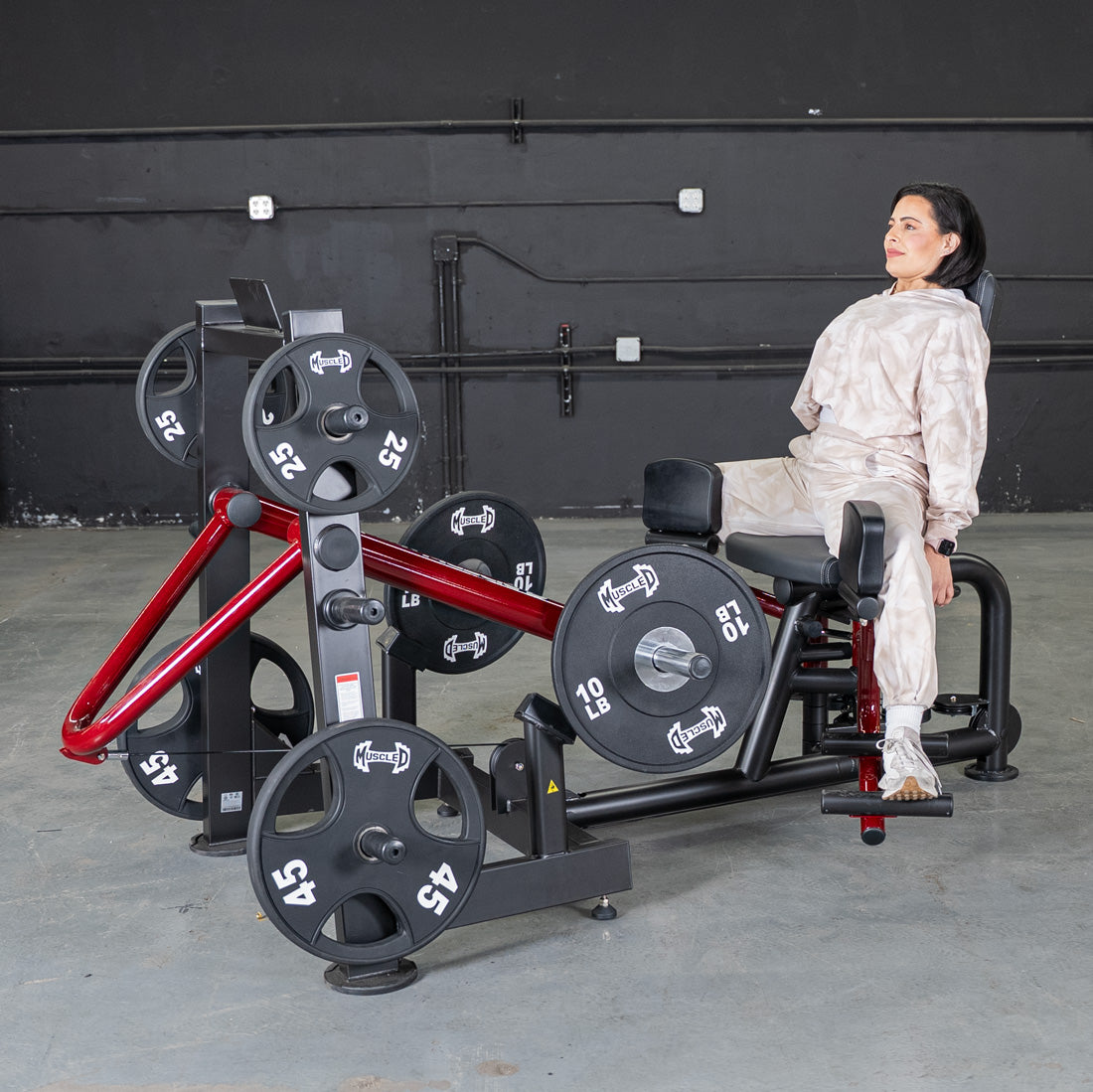 muscle d fitness commercial plate loaded black and maroon handle power leverage v2 abductor/adductor machine