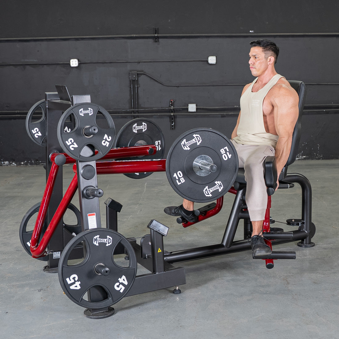 muscle d fitness commercial plate loaded black and maroon handle power leverage v2 abductor/adductor machine