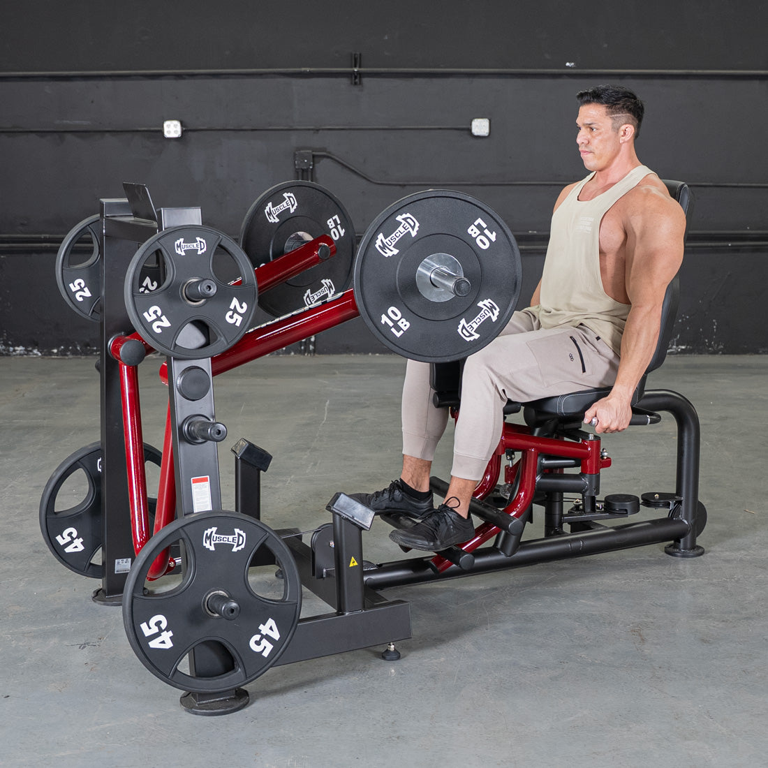muscle d fitness commercial plate loaded black and maroon handle power leverage v2 abductor/adductor machine