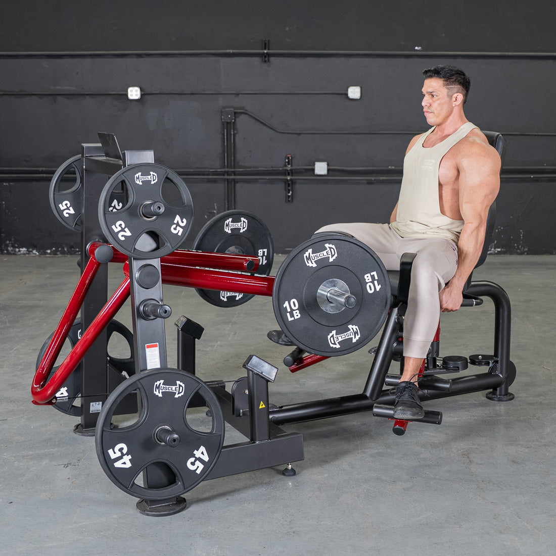 muscle d fitness commercial plate loaded black and maroon handle power leverage v2 abductor/adductor machine