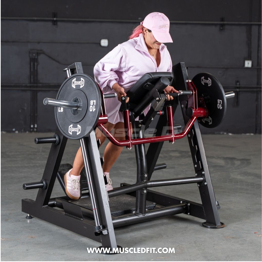 Person using a Power Leverage V2 Chest Supported Linear Bearing Row machine in a gym setting with 'MuscleDFit.com' branding.