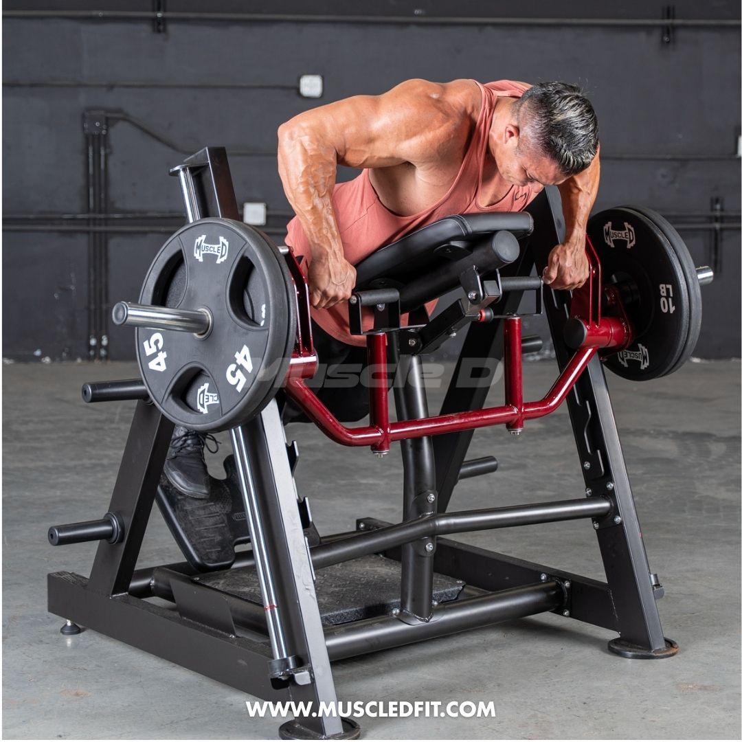 Man exercising on a Power leverage V2 CHest Supported Linear Bearing Row machine in a gym setting