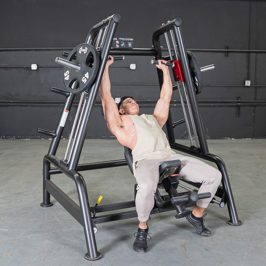 muscle d fitness commercial plate loaded black and maroon handle power leverage v2 convergent bench machine