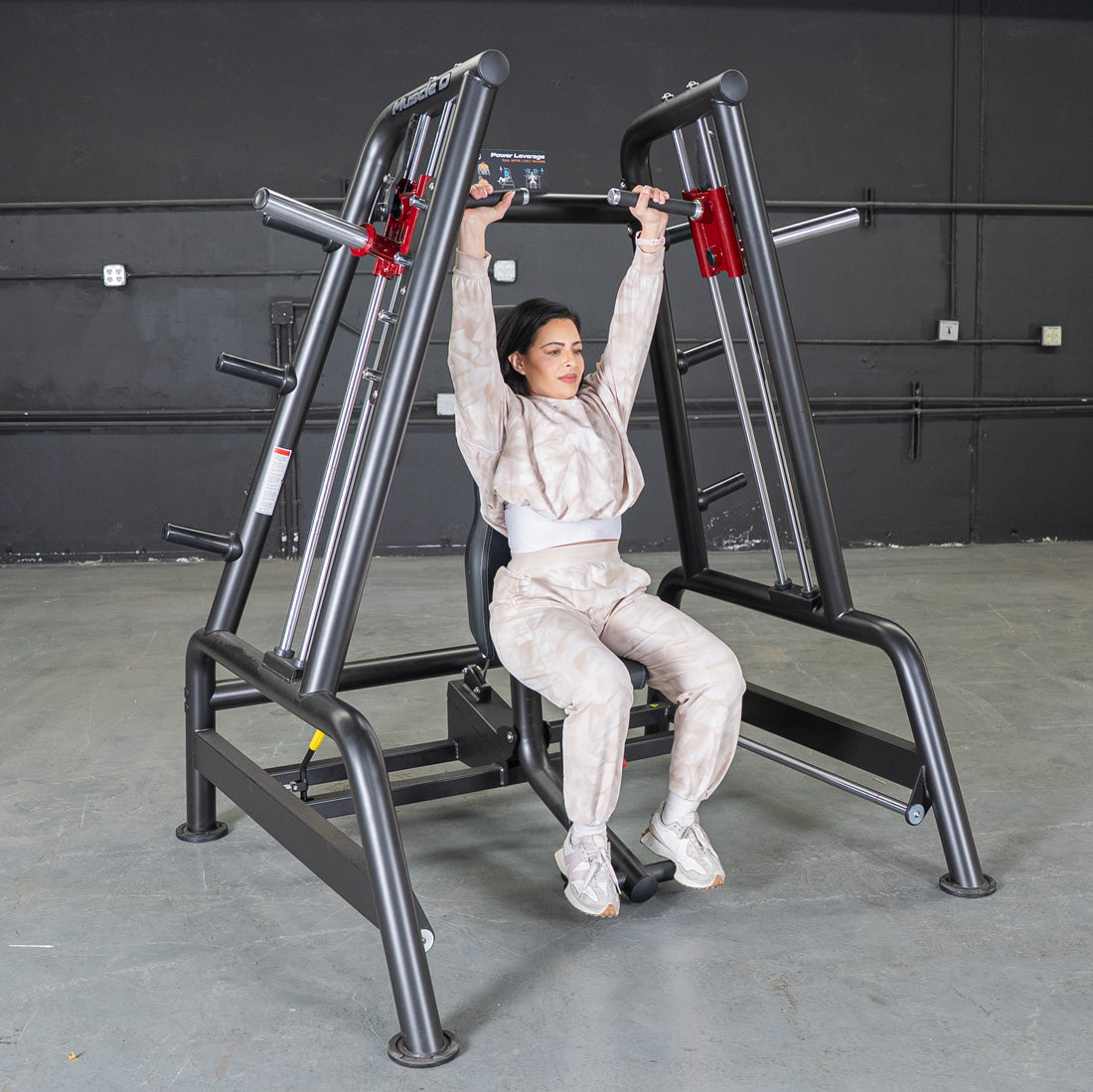 muscle d fitness commercial plate loaded black and maroon handle power leverage v2 convergent bench machine