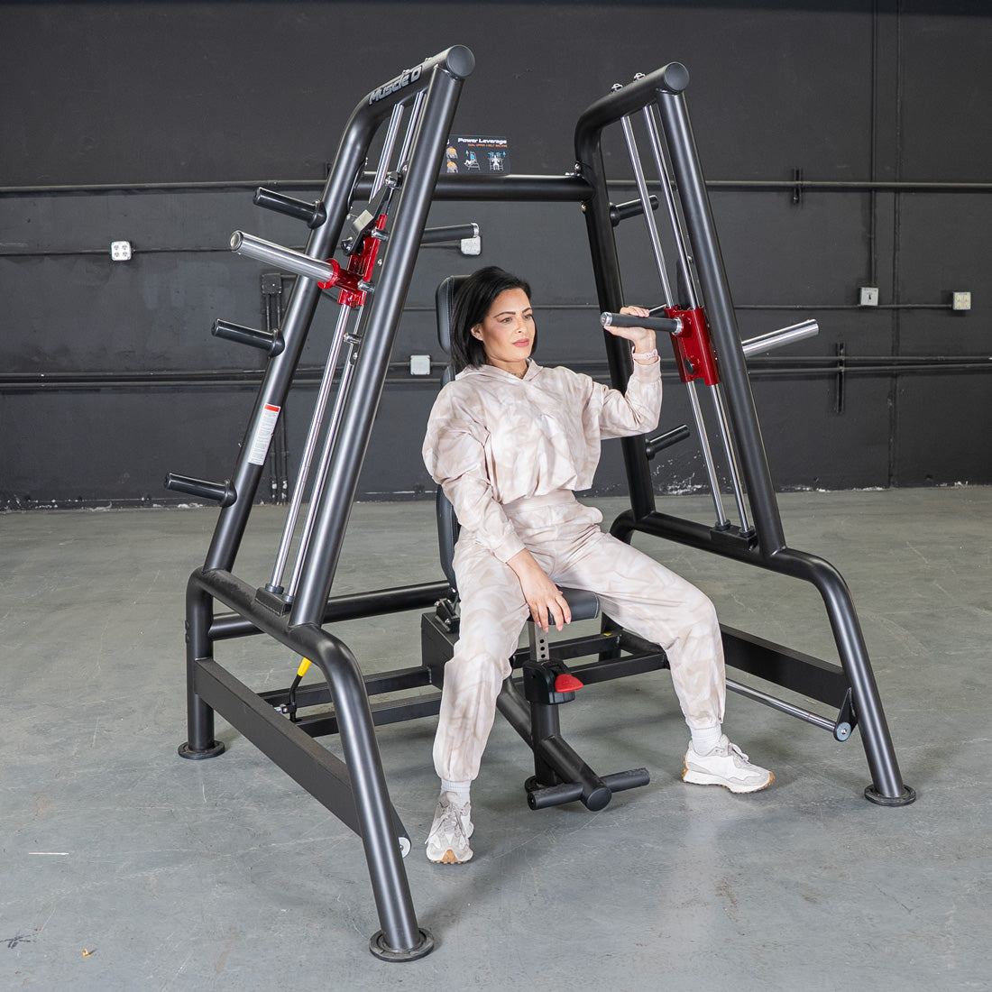 muscle d fitness commercial plate loaded black and maroon handle power leverage v2 convergent bench machine