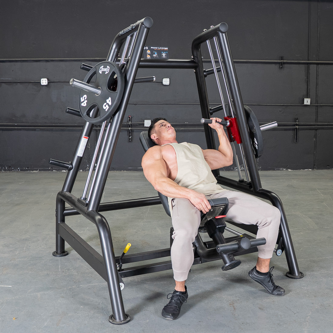 muscle d fitness commercial plate loaded black and maroon handle power leverage v2 convergent bench machine