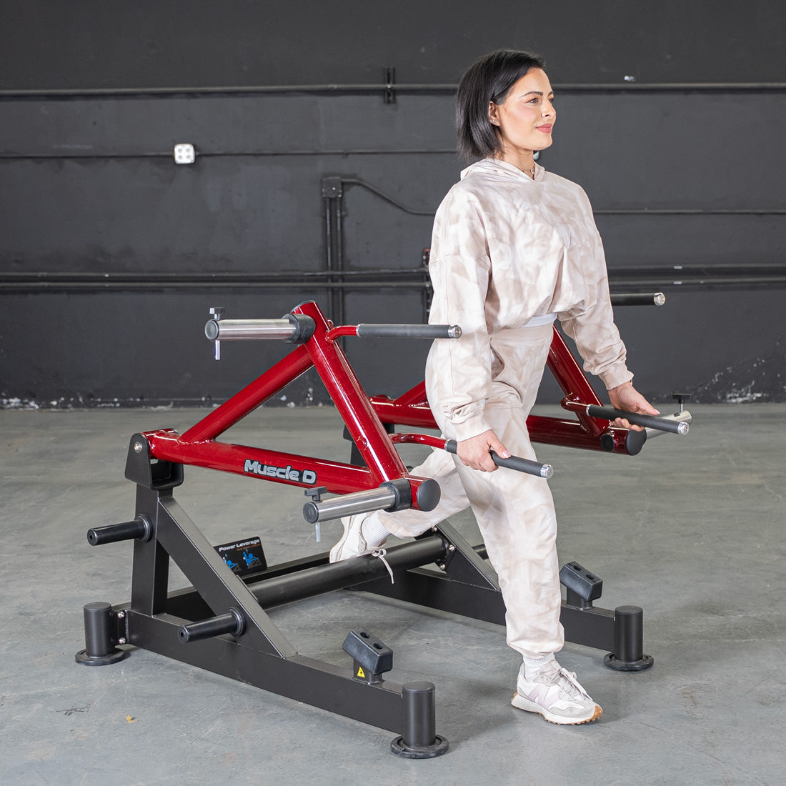 muscle d fitness commercial plate loaded black and maroon power leverage v2 deadlift/shrug machine