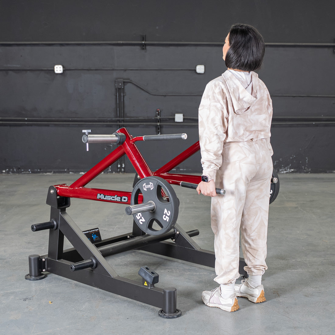 muscle d fitness commercial plate loaded black and maroon power leverage v2 deadlift/shrug machine