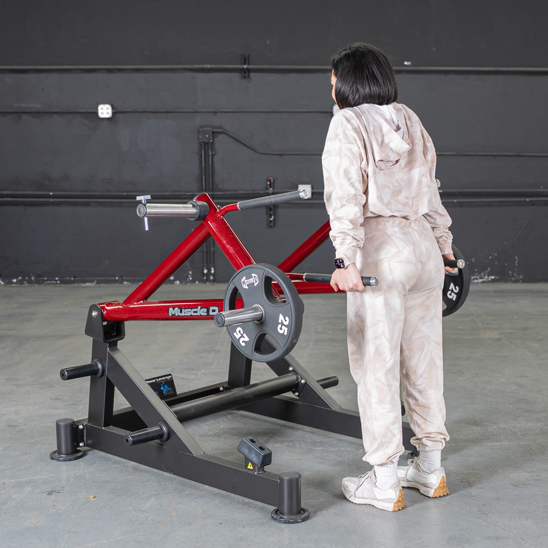 muscle d fitness commercial plate loaded black and maroon power leverage v2 deadlift/shrug machine