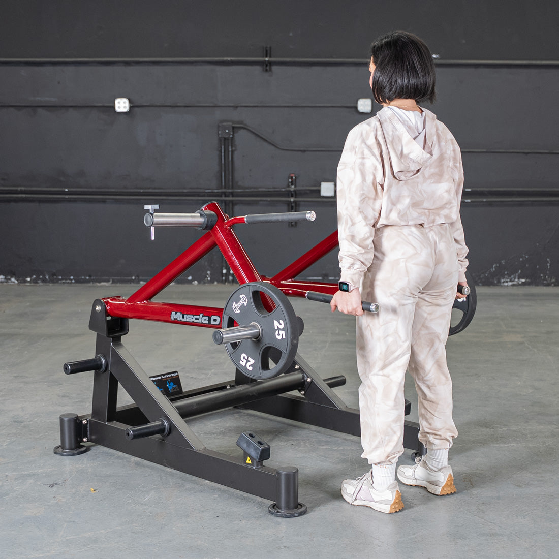 muscle d fitness commercial plate loaded black and maroon power leverage v2 deadlift/shrug machine