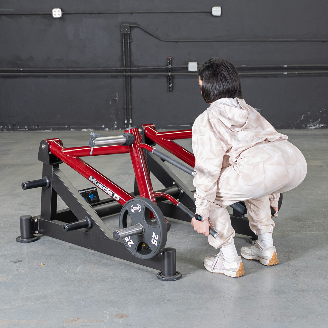 muscle d fitness commercial plate loaded black and maroon power leverage v2 deadlift/shrug machine