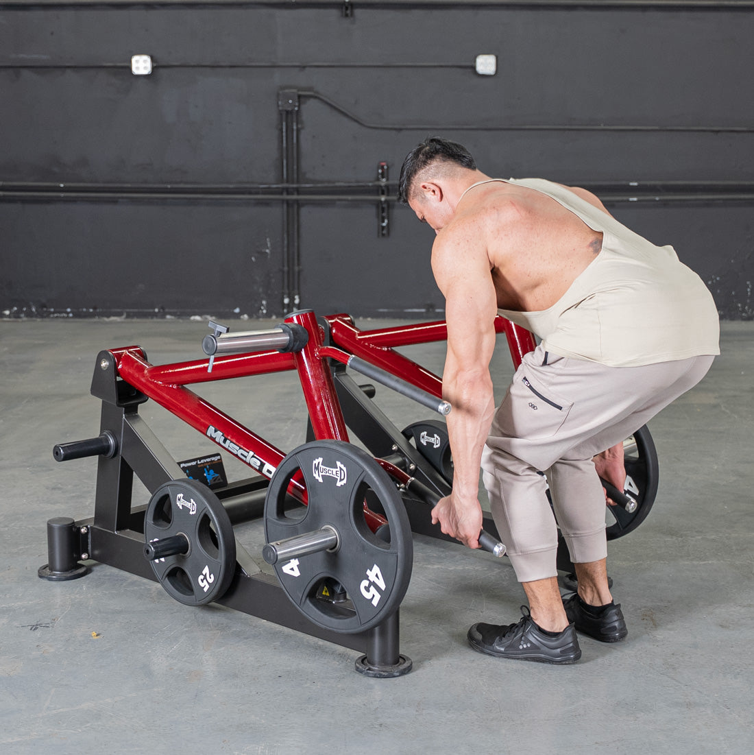 muscle d fitness commercial plate loaded black and maroon power leverage v2 deadlift/shrug machine