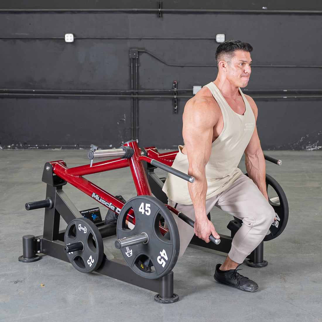 muscle d fitness commercial plate loaded black and maroon power leverage v2 deadlift/shrug machine