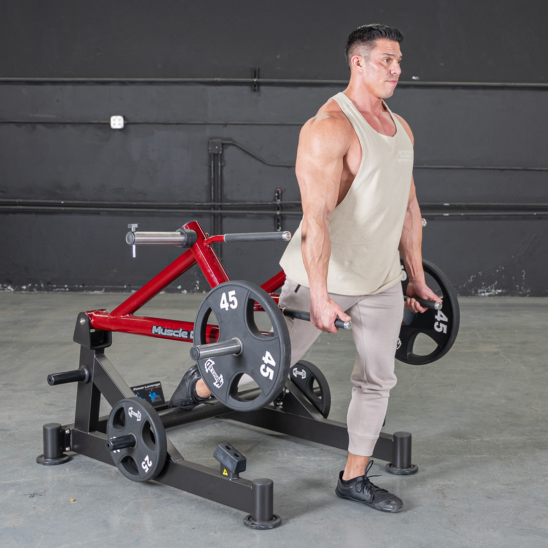 muscle d fitness commercial plate loaded black and maroon power leverage v2 deadlift/shrug machine