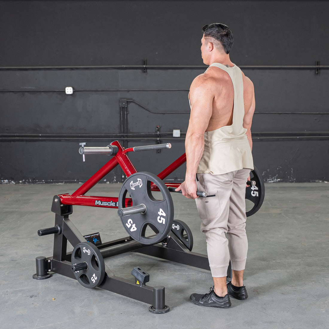 muscle d fitness commercial plate loaded black and maroon power leverage v2 deadlift/shrug machine