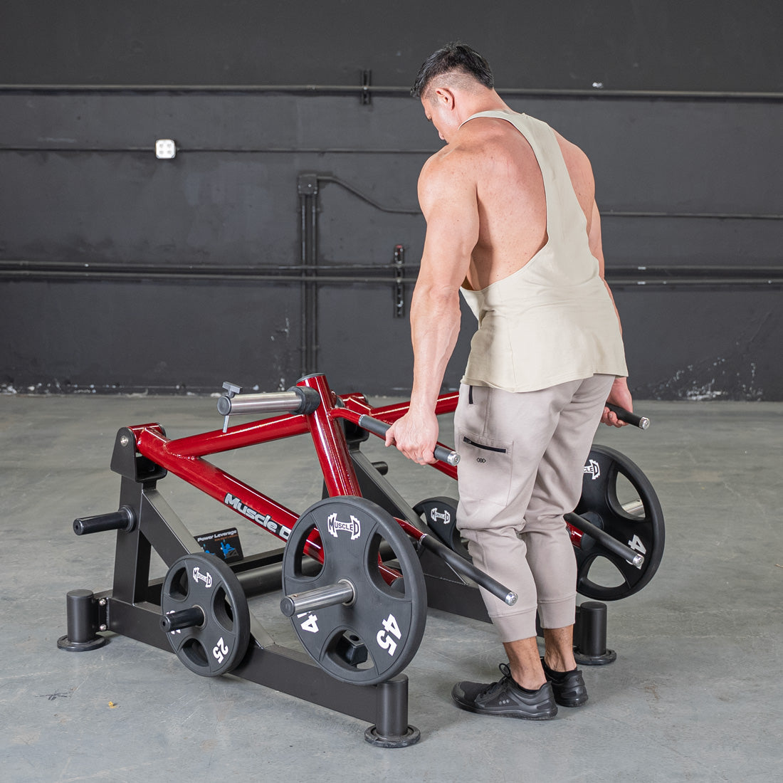 muscle d fitness commercial plate loaded black and maroon power leverage v2 deadlift/shrug machine