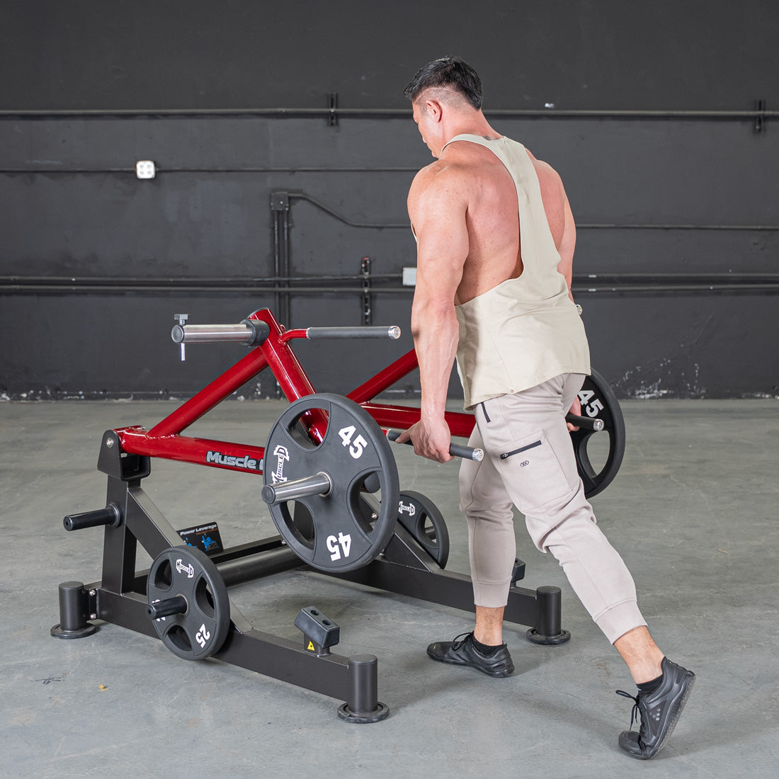 muscle d fitness commercial plate loaded black and maroon power leverage v2 deadlift/shrug machine