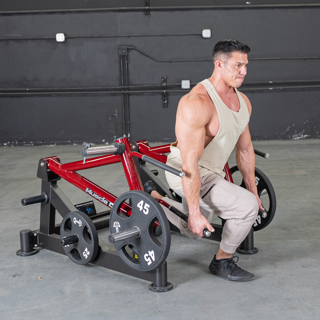 muscle d fitness commercial plate loaded black and maroon power leverage v2 deadlift/shrug machine