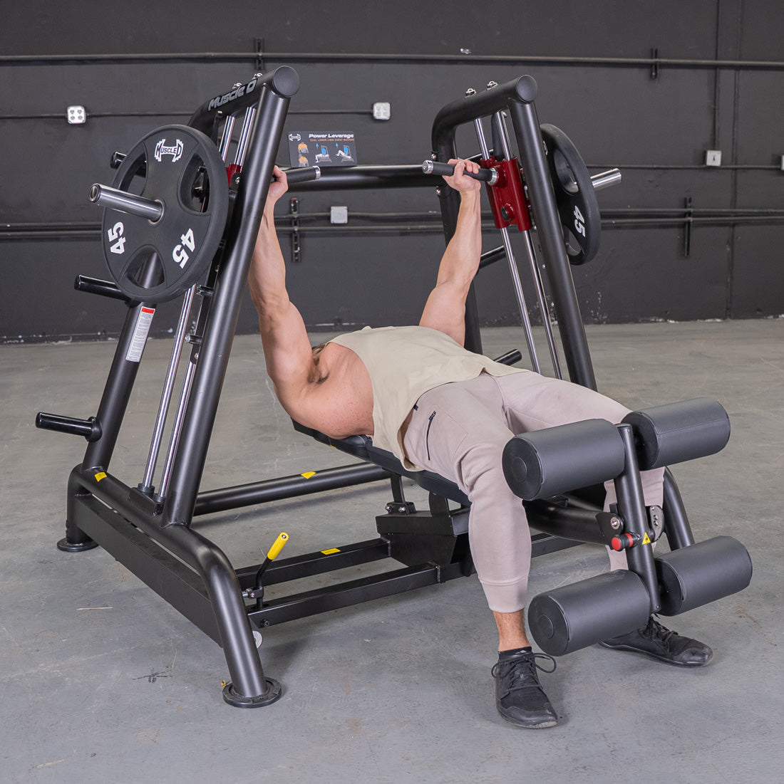 muscle d fitness commercial plate loaded black and maroon handle power leverage v2 flat decline convergent bench machine