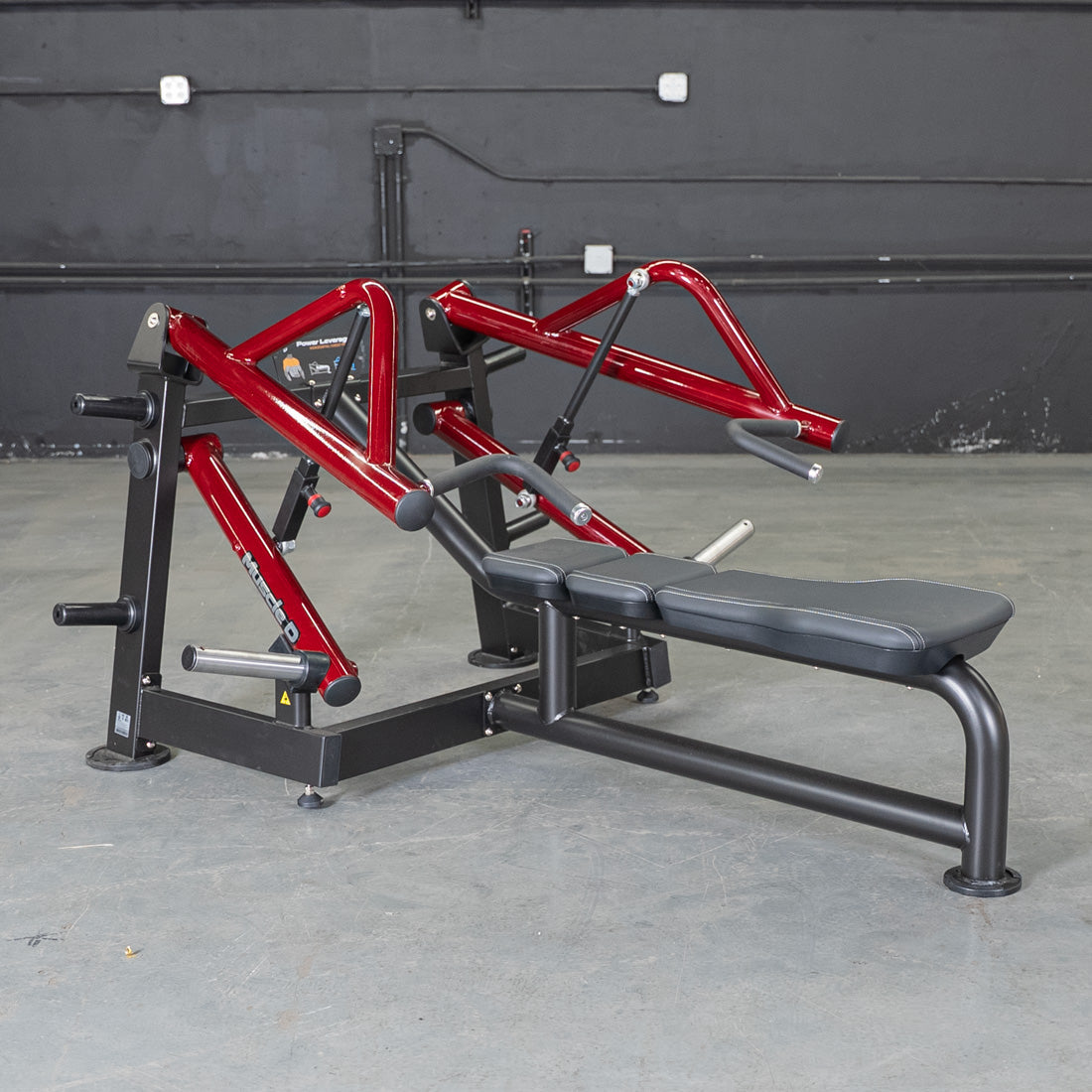 muscle d fitness commercial plate loaded black and maroon power leverage v2 iso lateral horizontal chest press machine detail