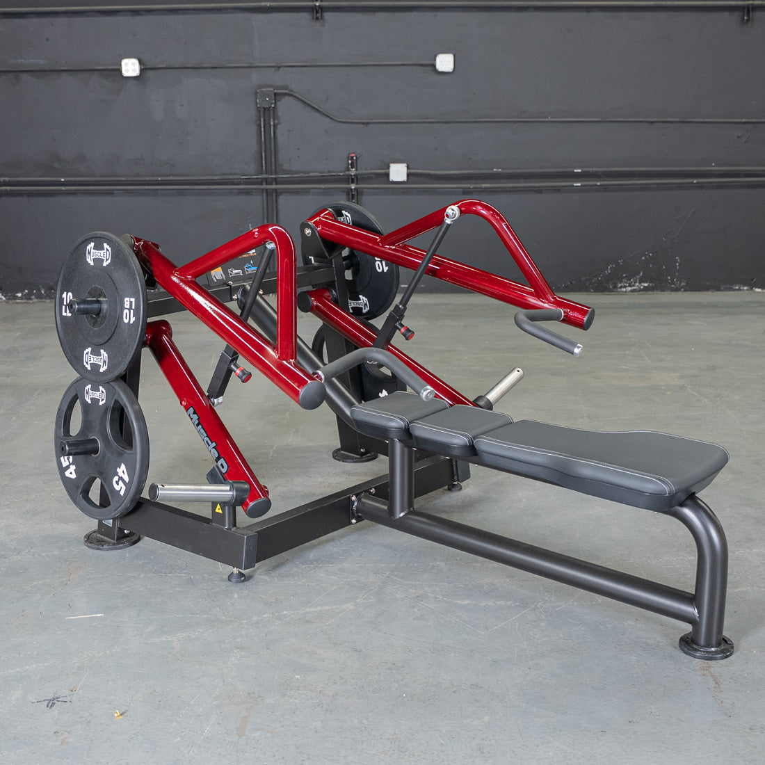 muscle d fitness commercial plate loaded black and maroon power leverage v2 iso lateral horizontal chest press machine
