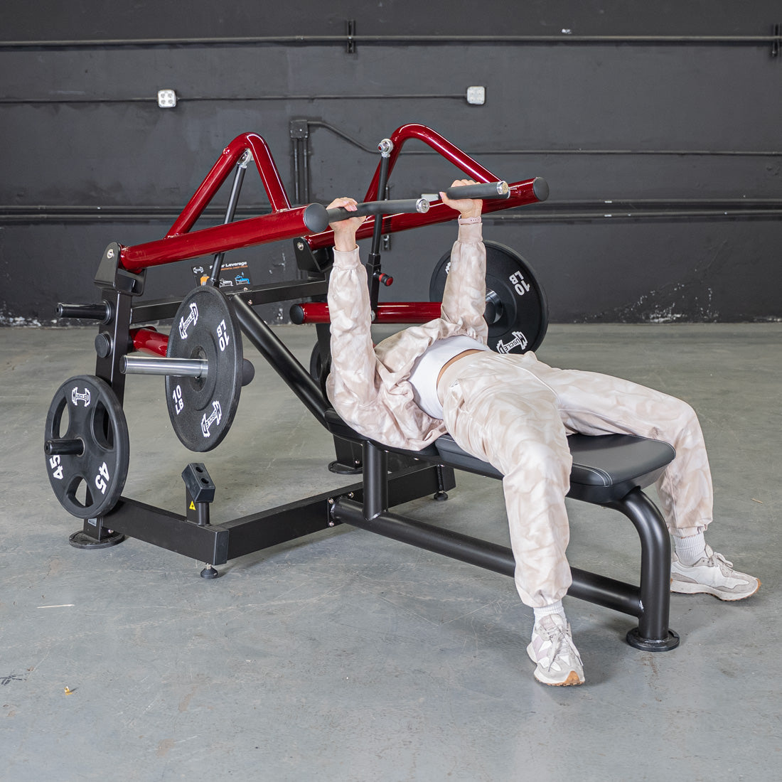 muscle d fitness commercial plate loaded black and maroon power leverage v2 iso lateral horizontal chest press machine