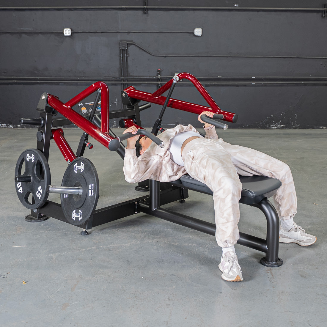 muscle d fitness commercial plate loaded black and maroon power leverage v2 iso lateral horizontal chest press machine