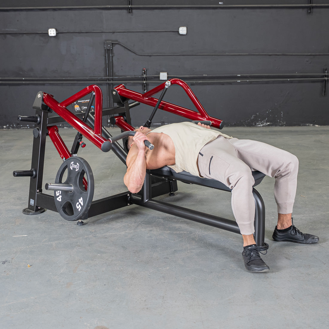muscle d fitness commercial plate loaded black and maroon power leverage v2 iso lateral horizontal chest press machine