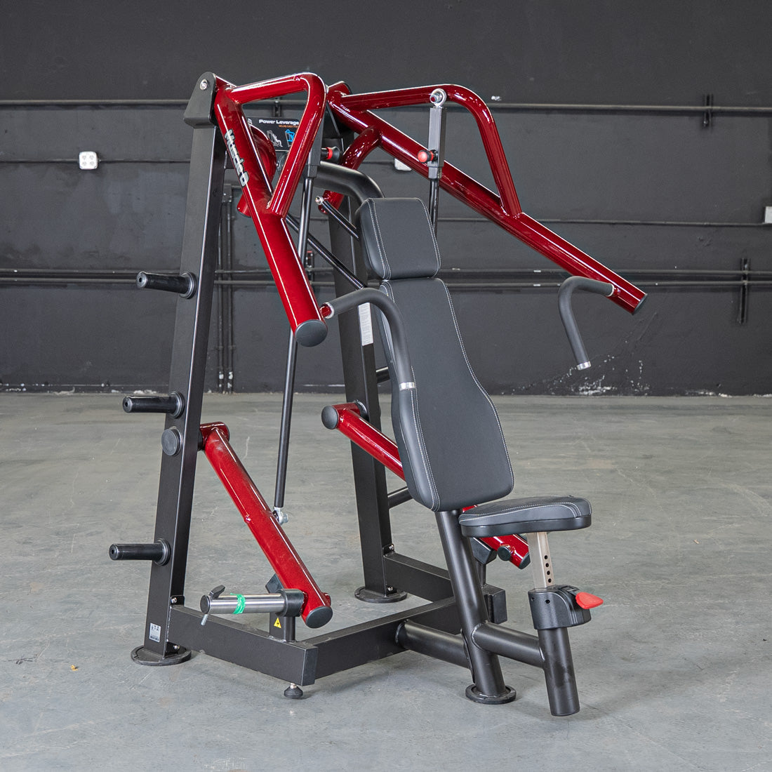 muscle d fitness commercial plate loaded black and maroon power leverage v2 iso lateral incline chest press machine