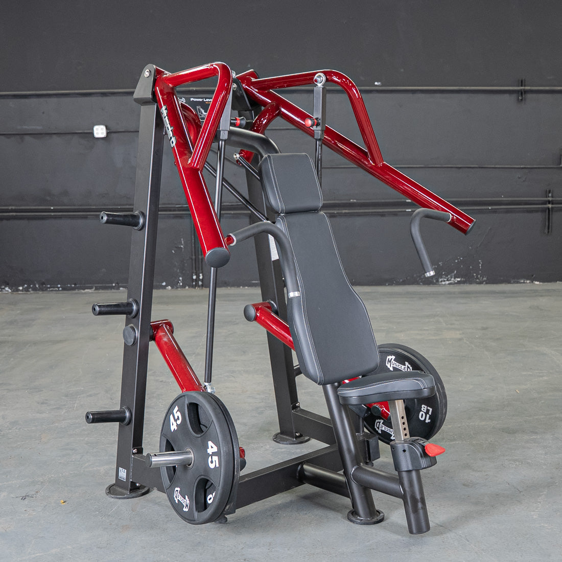 muscle d fitness commercial plate loaded black and maroon power leverage v2 iso lateral incline chest press machine